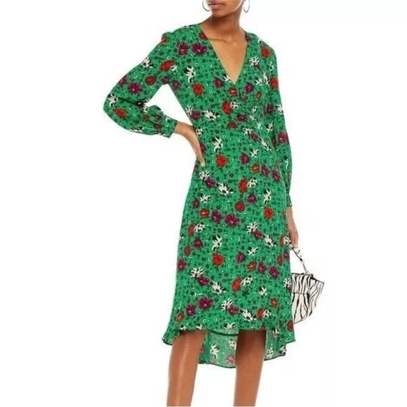Melloday Green Floral Wrap Midi Dress Small – Long Sleeve Ruffle Hem V-Neck - Picture 9 of 10